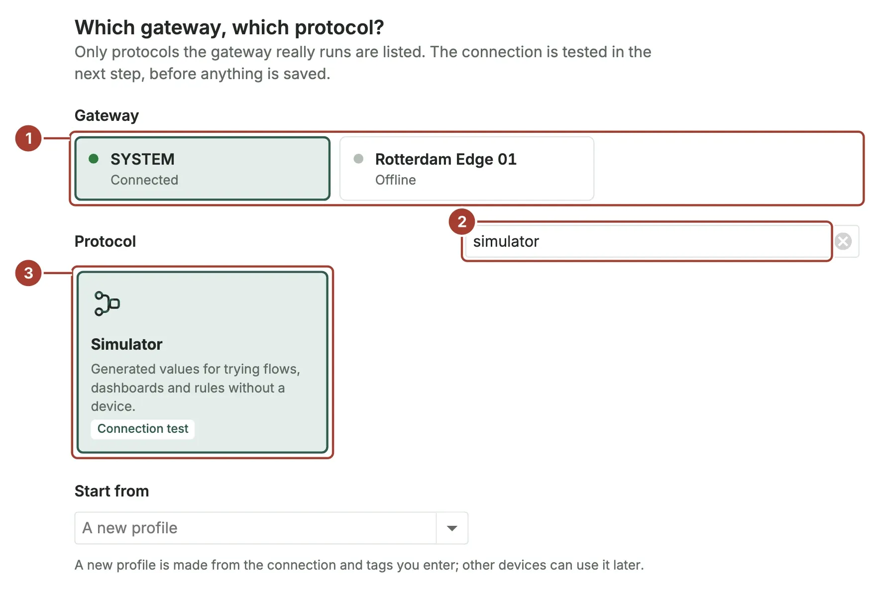 The first wizard step with the SYSTEM gateway selected, simulator typed in the protocol search and the Simulator card selected