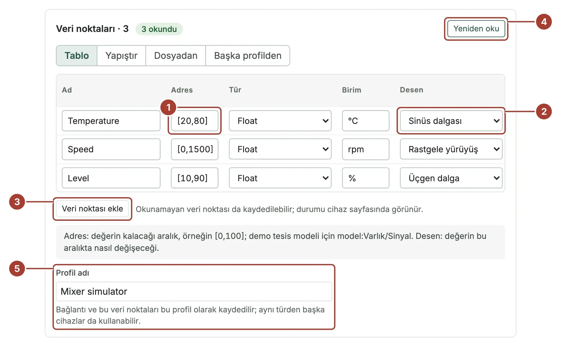 Tablo sekmesinde üç simülasyon veri noktası: Temperature, Speed ve Level. Her birinde aralık adresi, tür, birim ve desen; üstte 3 okundu rozeti ve Yeniden oku düğmesi, altta profil adı