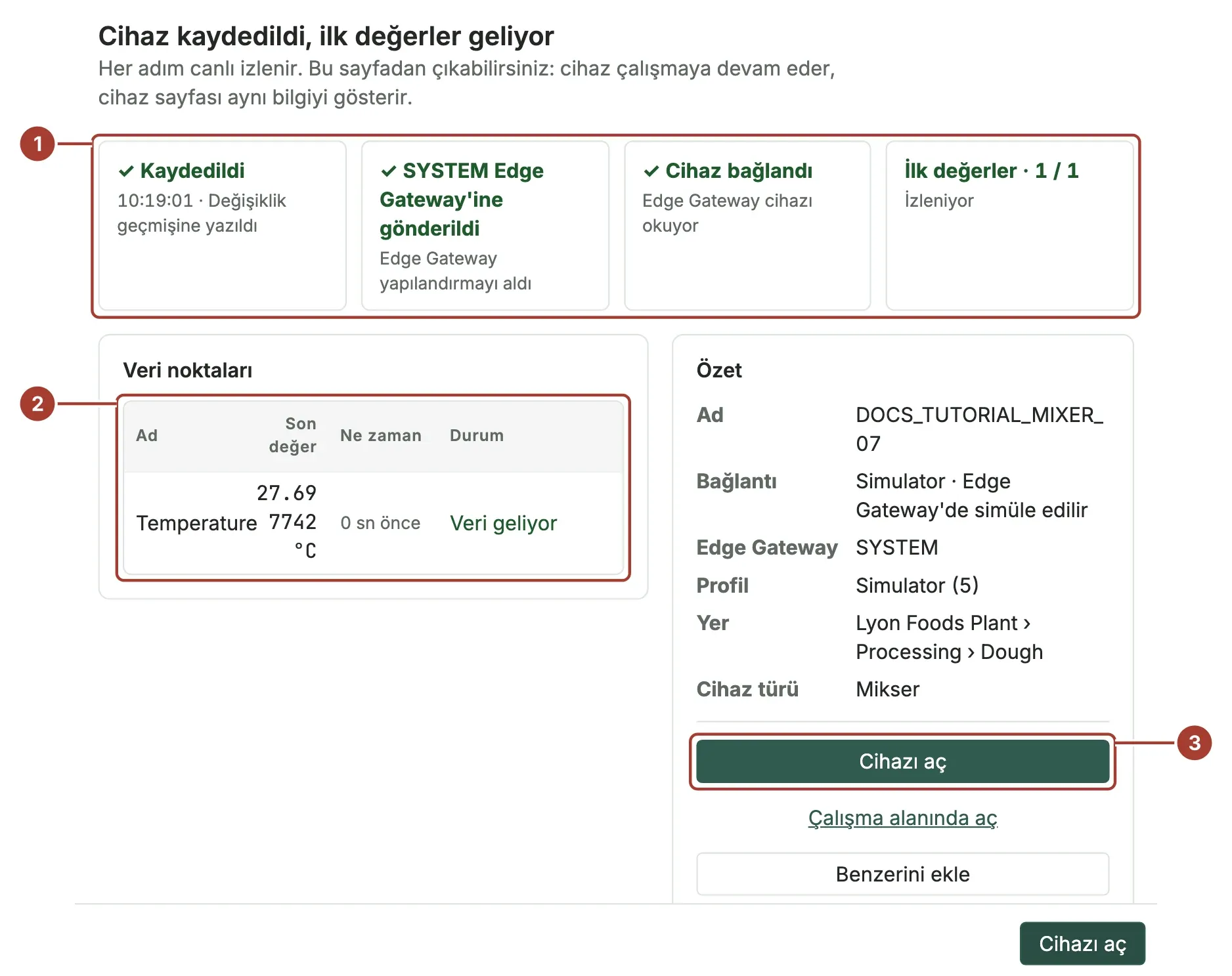 Doğrulama adımı: Kaydedildi, SYSTEM Edge Gateway'ine gönderildi, Cihaz bağlandı ve İlk değerler aşamaları tamamlanmış. Üç veri noktasının her birinin değeri görünüyor