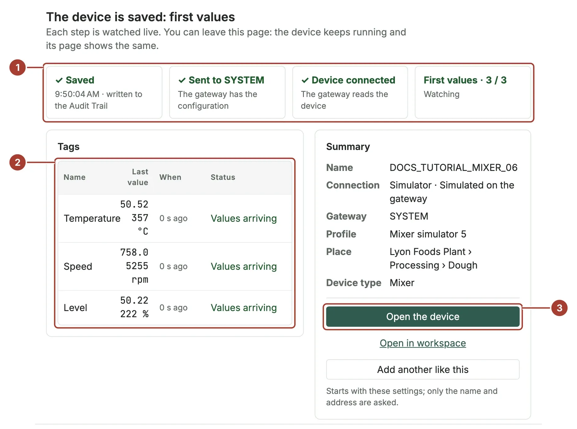 The verify step with the stages Saved, Sent to SYSTEM, Device connected and First values complete, and a value for each of the three tags