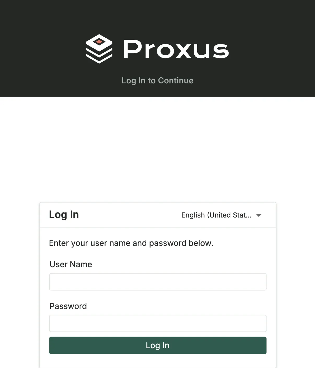 The Proxus sign-in form with the user name and password fields and the language list