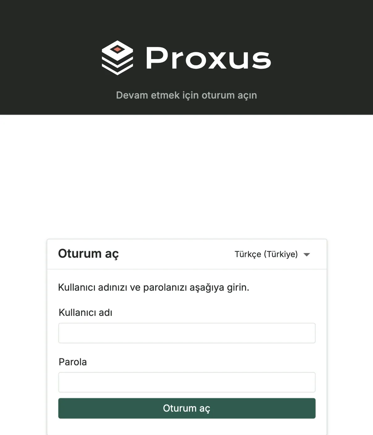 Kullanıcı adı ve parola alanlarını ve dil listesini gösteren Proxus oturum açma formu