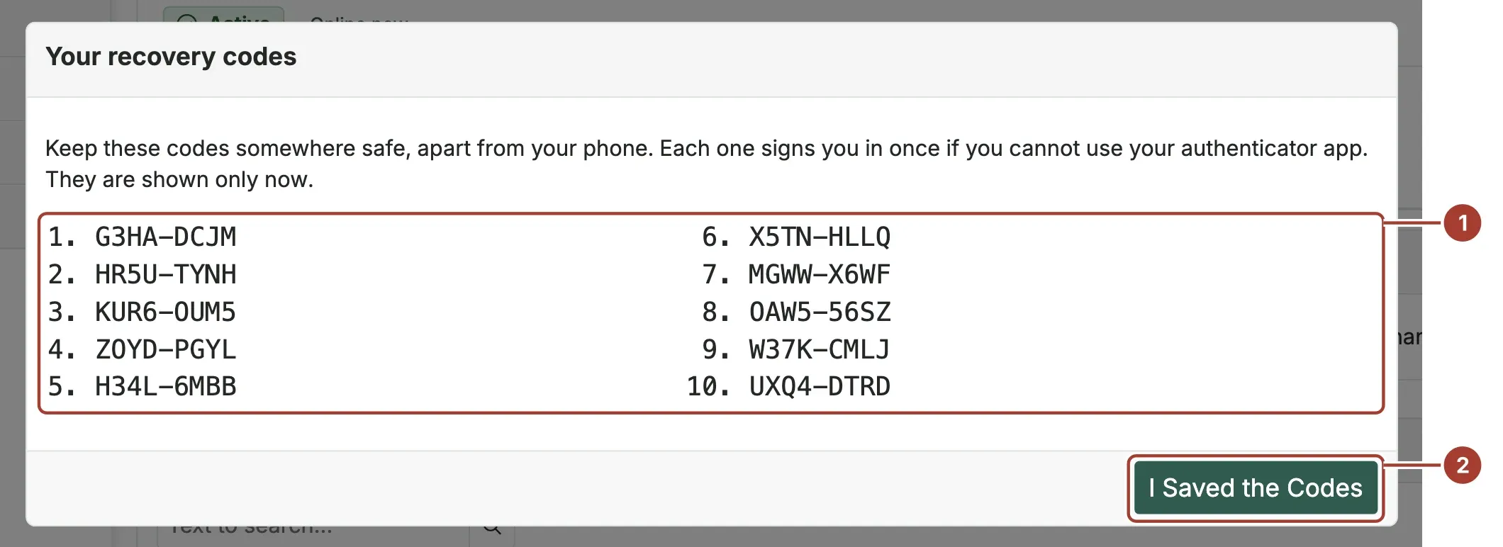The recovery codes dialog with the list of ten codes and the I Saved the Codes button marked