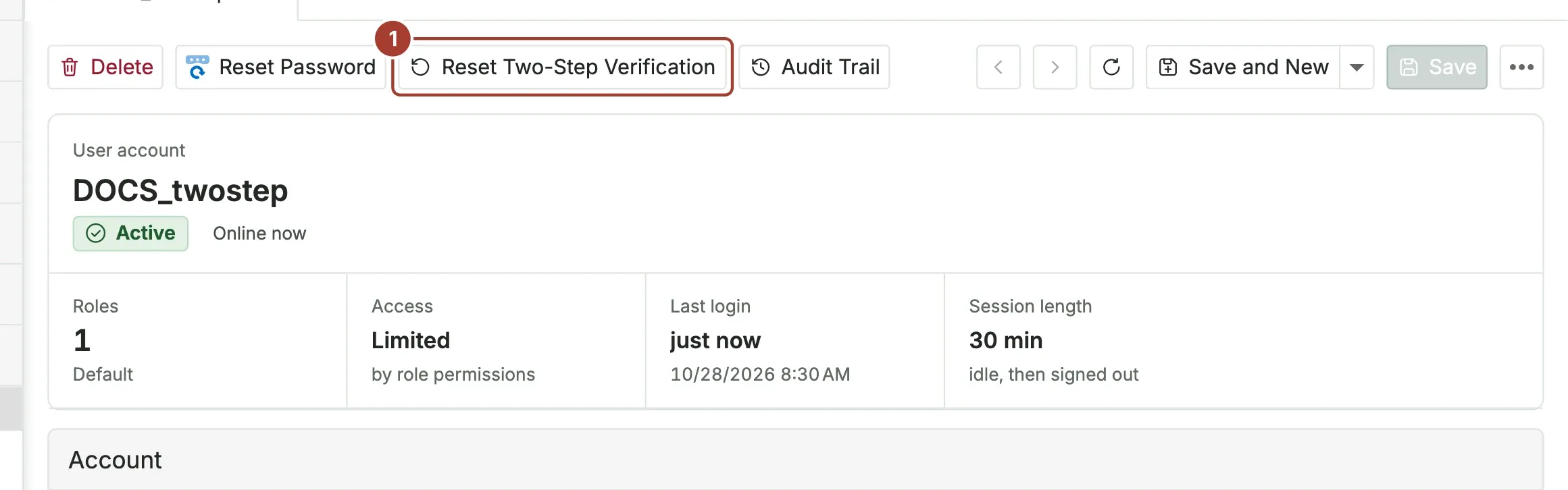 A user's page with the Reset Two-Step Verification button marked in the toolbar
