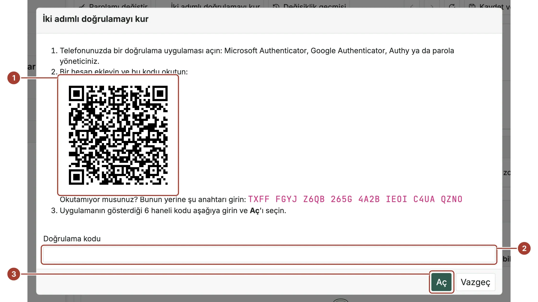 QR kodu, Doğrulama kodu alanı ve Aç düğmesi işaretli İki adımlı doğrulamayı kur penceresi