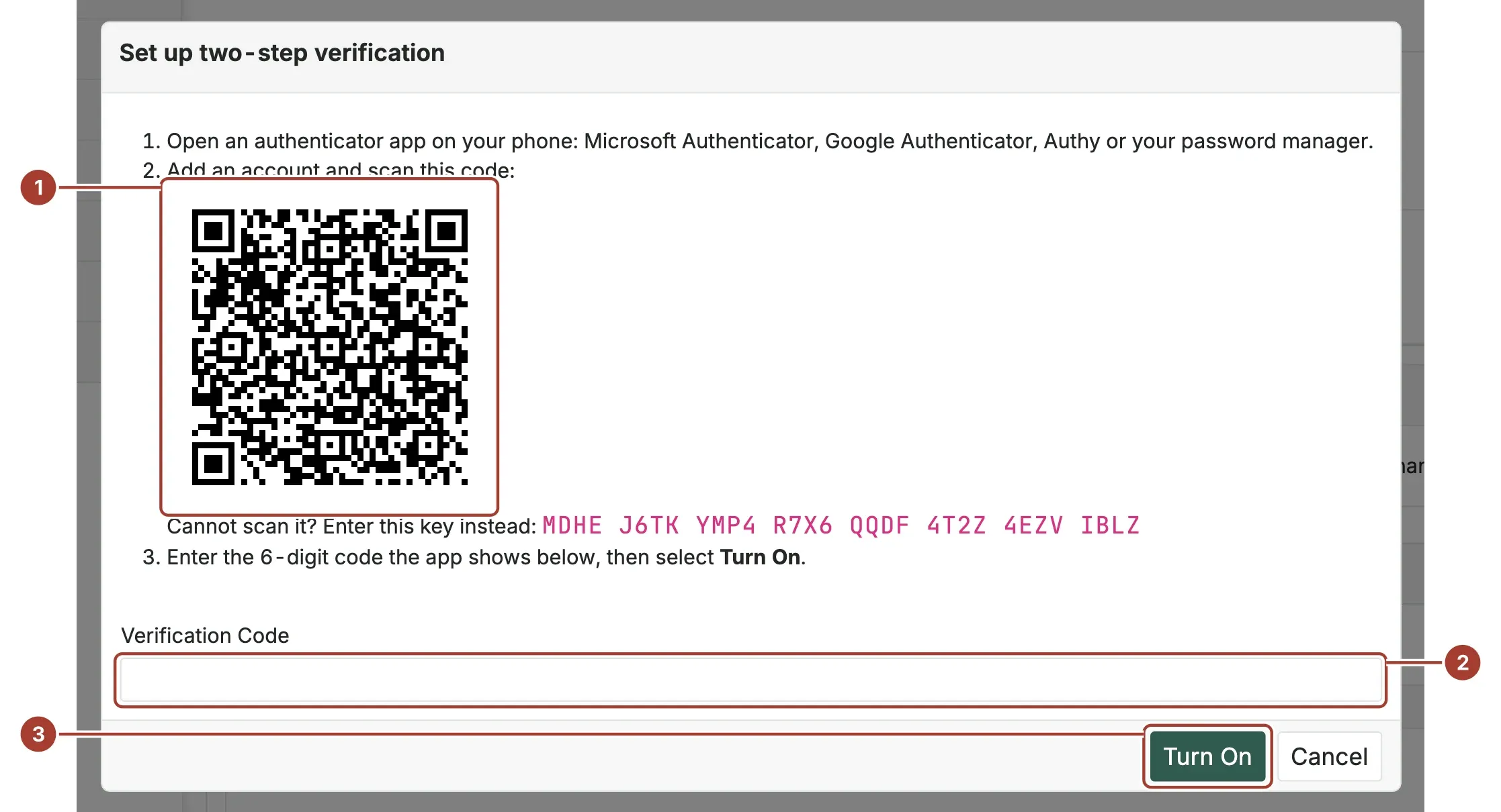 The Set up two-step verification dialog with the QR code, the Verification Code field and the Turn On button marked