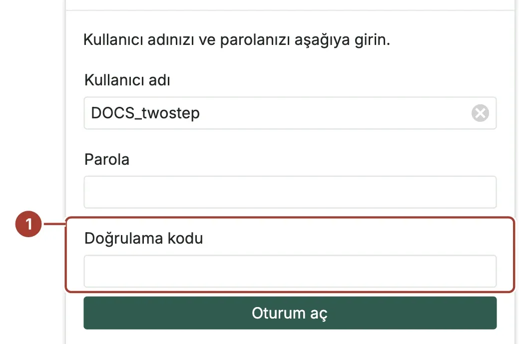 Kullanıcı adı ve parolanın altında Doğrulama kodu alanı işaretli giriş formu