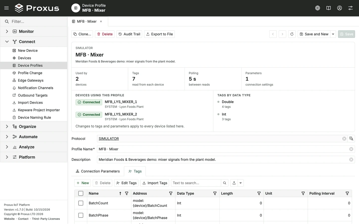 A reusable device profile: the devices that use it, tags by data type and the tag table.