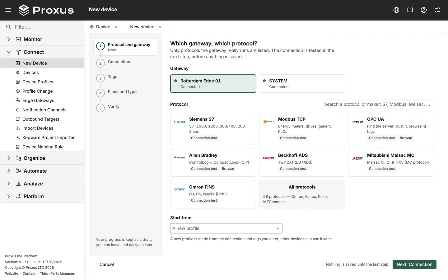 Device setup wizard, first step: choose the edge gateway and a protocol such as Siemens S7, Modbus TCP or OPC UA.